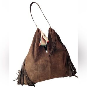 Divina Firenze Italian Suede Leather Chocolate Brown Sling Bag With Fringe New!